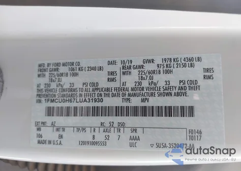 2020 Ford Escape Sel from USA, damaged, VIN 1FMCU0H67LUA31930